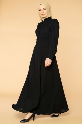 Drape Detay Tesettür Elbise-3999 Siyah - Thumbnail