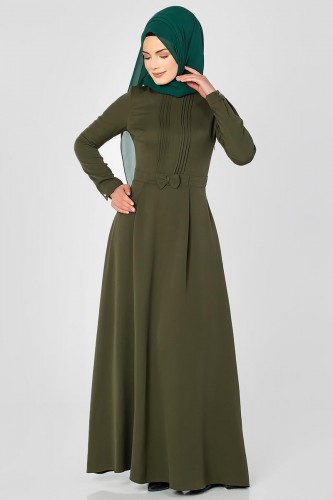 Drape Ve Fiyonk Detay Tesettür Elbise-2056 Hakiyeşil - Thumbnail