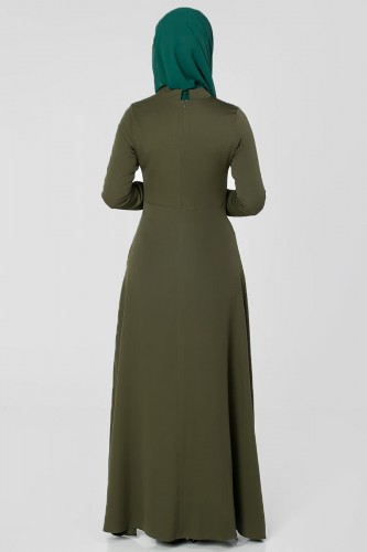 Drape Ve Fiyonk Detay Tesettür Elbise-2056 Hakiyeşil - Thumbnail