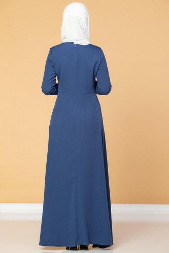 Drape Ve Fiyonk Detay Tesettür Elbise-2056 İndigo - Thumbnail