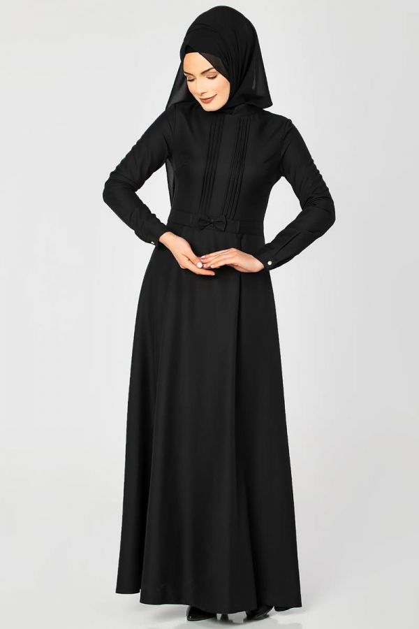 Drape Ve Fiyonk Detay Tesettür Elbise-2056 Siyah
