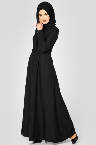 Drape Ve Fiyonk Detay Tesettür Elbise-2056 Siyah - Thumbnail