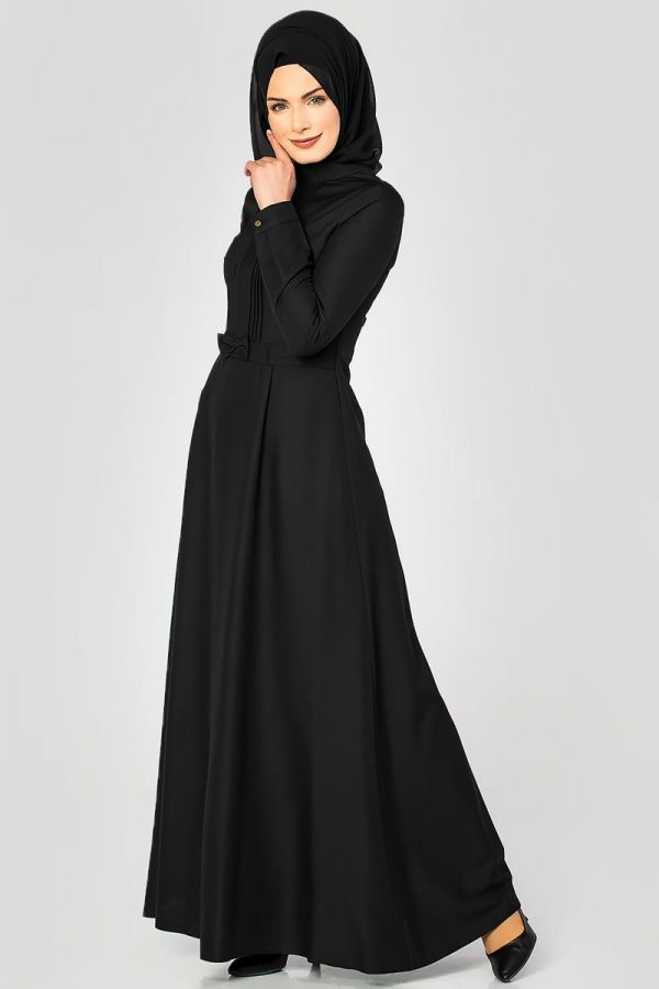 Drape Ve Fiyonk Detay Tesettür Elbise-2056 Siyah