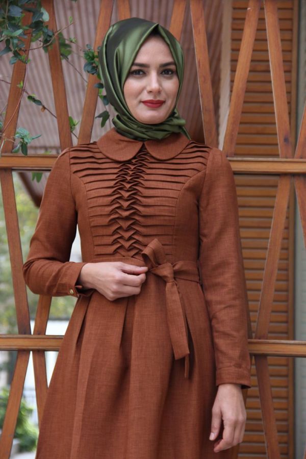Drape Ve Kemerli Elbise Hardal Sarısı-ZRD1152