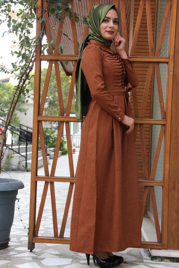 Drape Ve Kemerli Elbise Hardal Sarısı-ZRD1152