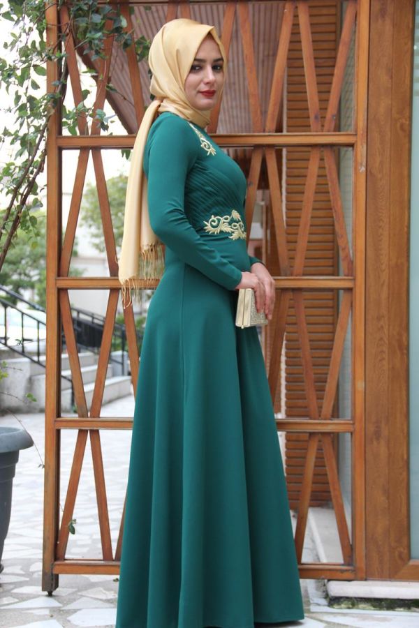 Drapeli Ve Gold İşlemeli Abiye Yeşil-0042