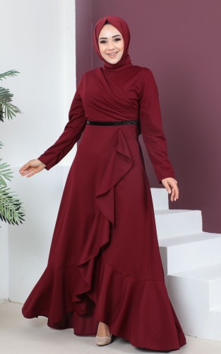 Modaebva - DrapeliTesettür Elbise-3134 Bordo