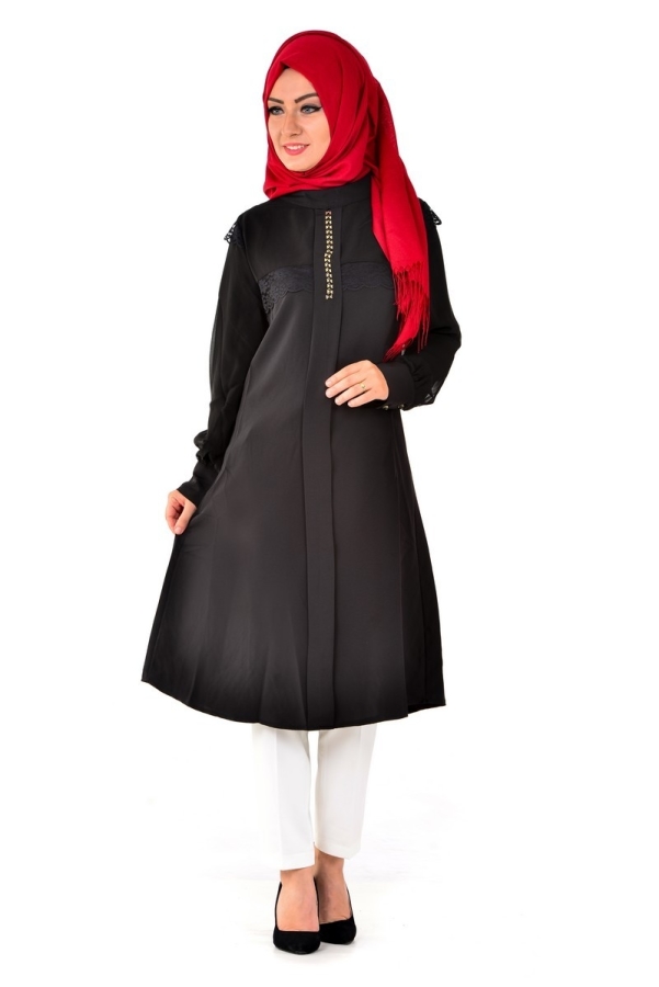 Duay Üstü Ve Kolları Şifon Detaylı Tunik Siyah-T487