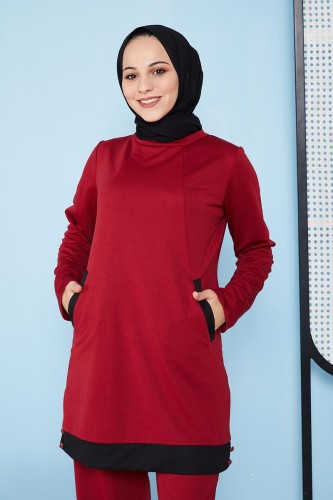 Düğme Detaylı Cepli İkili Tesettür Kombin-3115 Bordo - Modaebva (1)