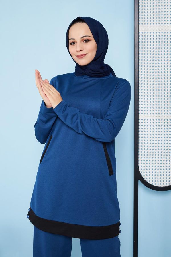 Düğme Detaylı Cepli İkili Tesettür Kombin-3115 Mavi - 3