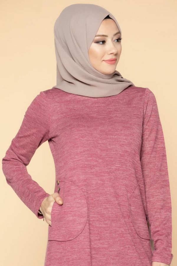 Düğme Detaylı Cepli Tesettür Elbise-3028 Gülkurusu - 3