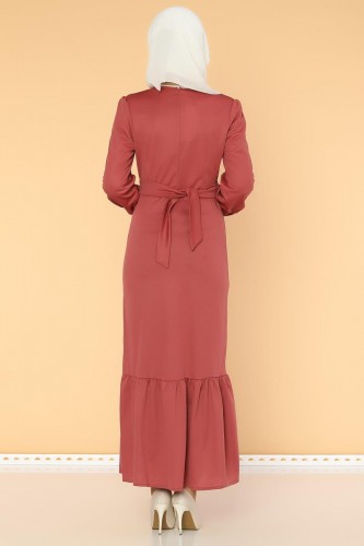 Düğme Detaylı Fırfırlı Elbise-1960 -gülkurusu - Thumbnail
