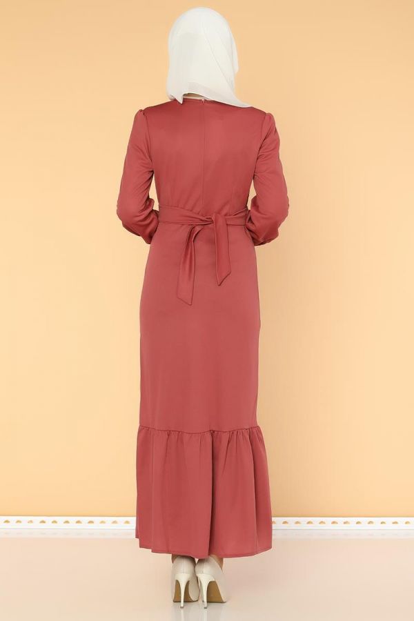 Düğme Detaylı Fırfırlı Elbise-1960 -gülkurusu