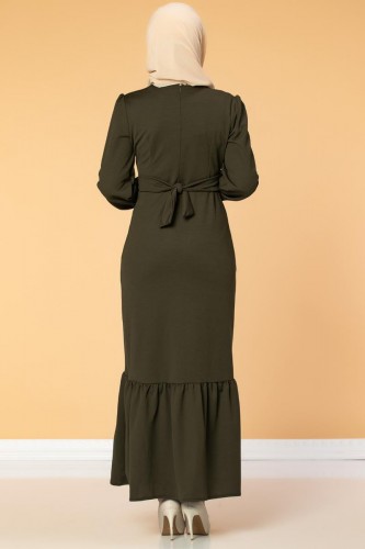 Düğme Detaylı Fırfırlı Elbise-1960 Hakiyeşil - Thumbnail