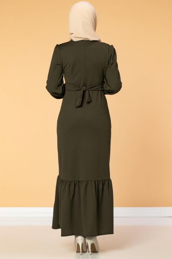 Düğme Detaylı Fırfırlı Elbise-1960 Hakiyeşil