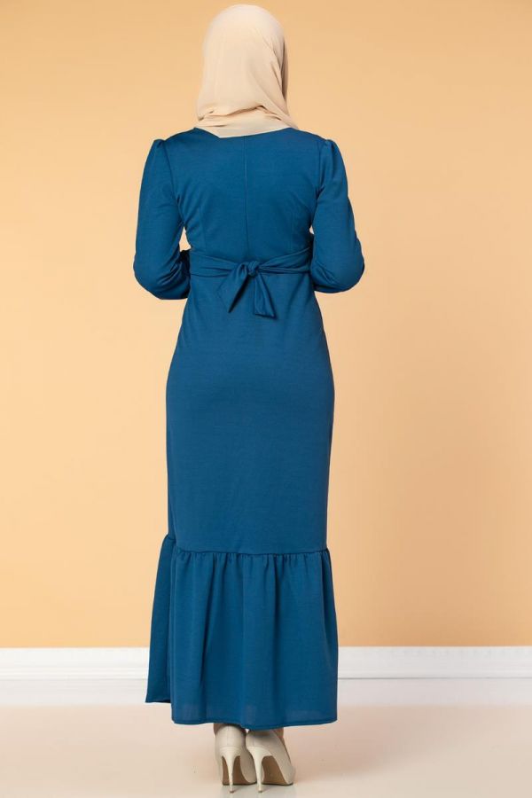 Düğme Detaylı Fırfırlı Elbise-1960 İndigo