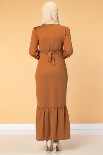 Düğme Detaylı Fırfırlı Elbise-1960 kiremit - Thumbnail