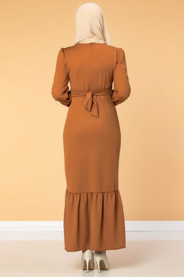 Düğme Detaylı Fırfırlı Elbise-1960 kiremit