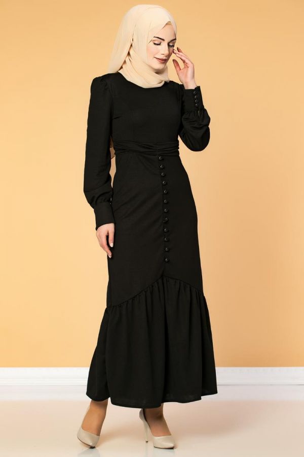 Düğme Detaylı Fırfırlı Elbise-1960 Siyah