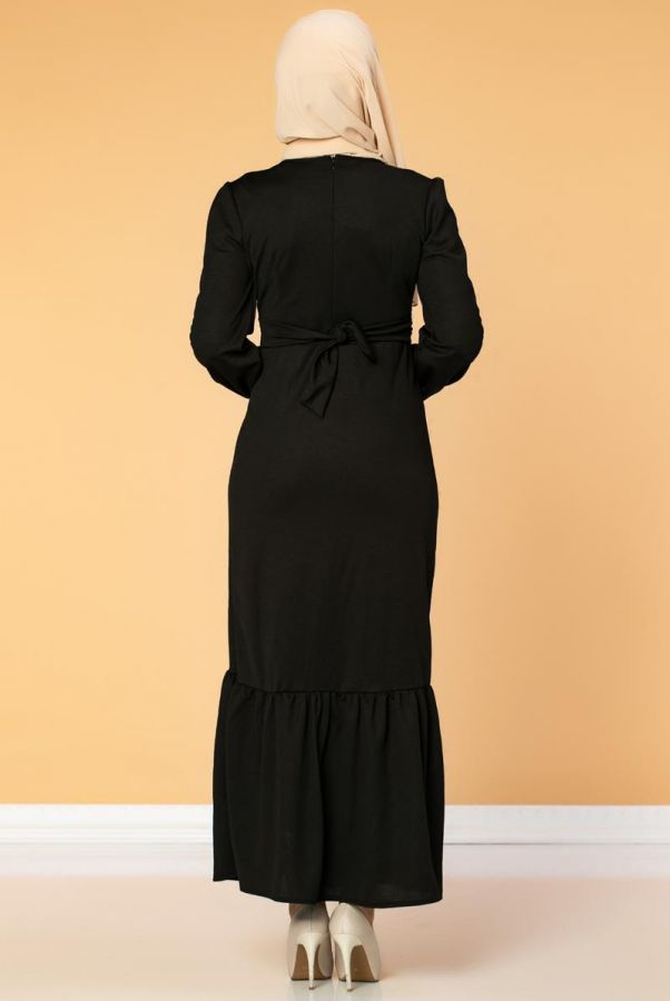 Düğme Detaylı Fırfırlı Elbise-1960 Siyah