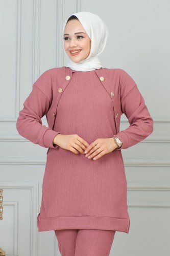 Düğme Detaylı İkili Bürümcük Takım-4008 Gülkurusu - LAVİEN (1)