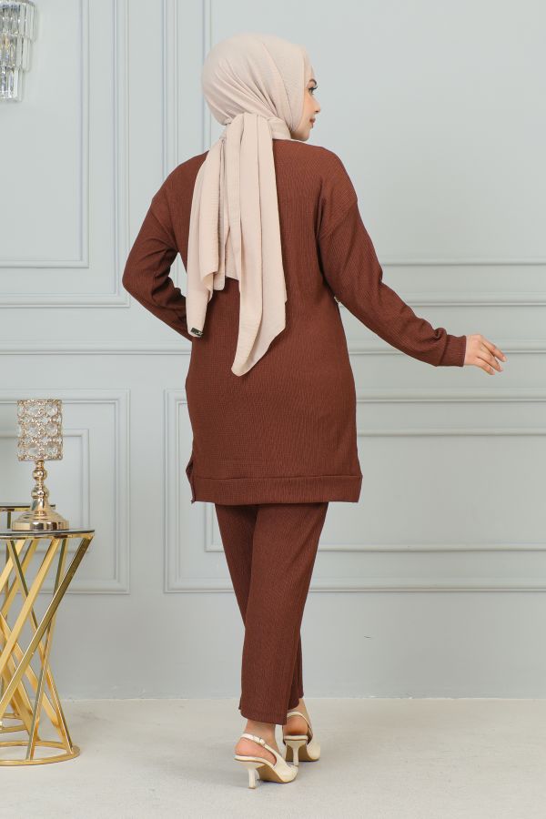 Düğme Detaylı İkili Bürümcük Takım-4008 Kahve - 6