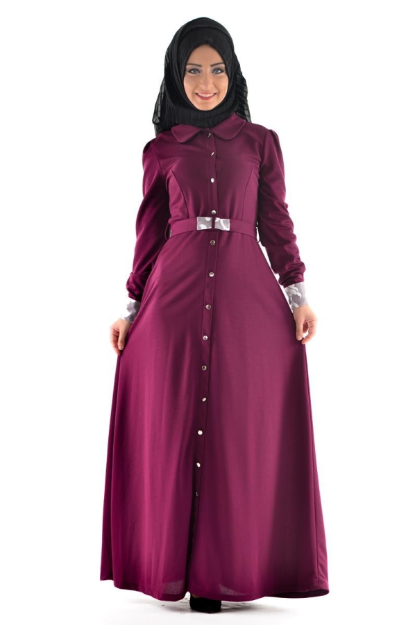 Düğme Detaylı Kemerli Elbise Bordo-4036
