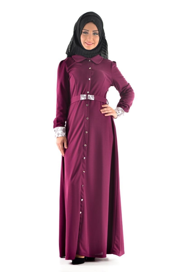 Düğme Detaylı Kemerli Elbise Bordo-4036