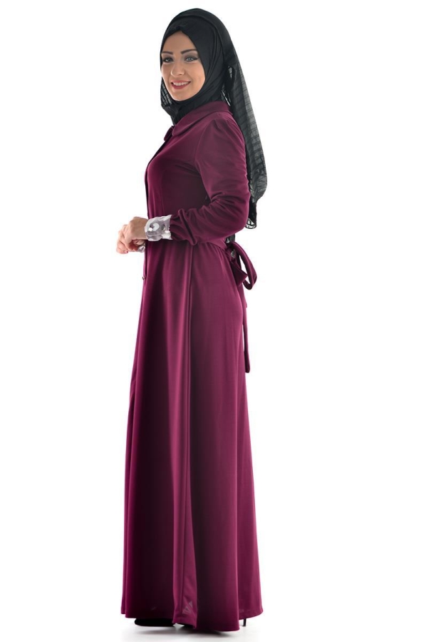 Düğme Detaylı Kemerli Elbise Bordo-4036