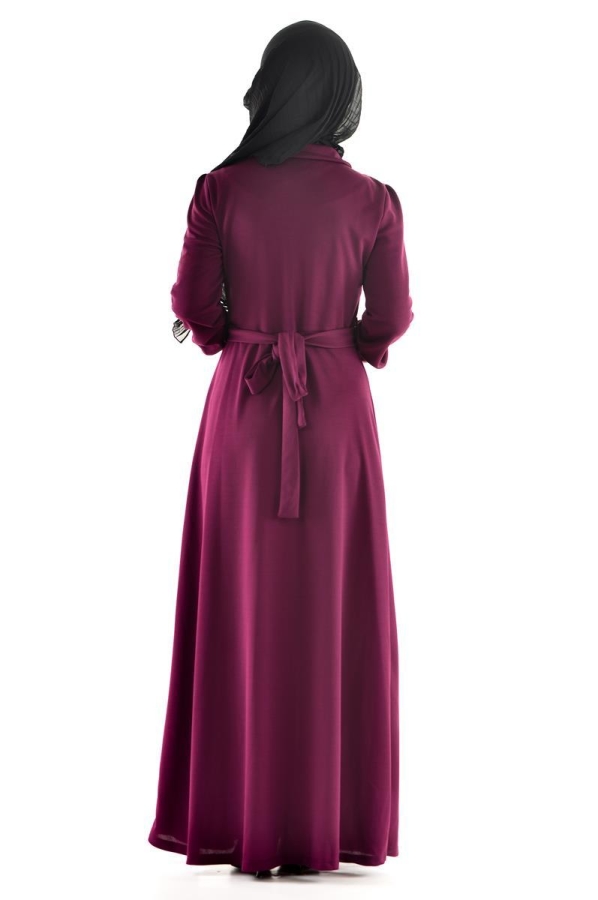 Düğme Detaylı Kemerli Elbise Bordo-4036