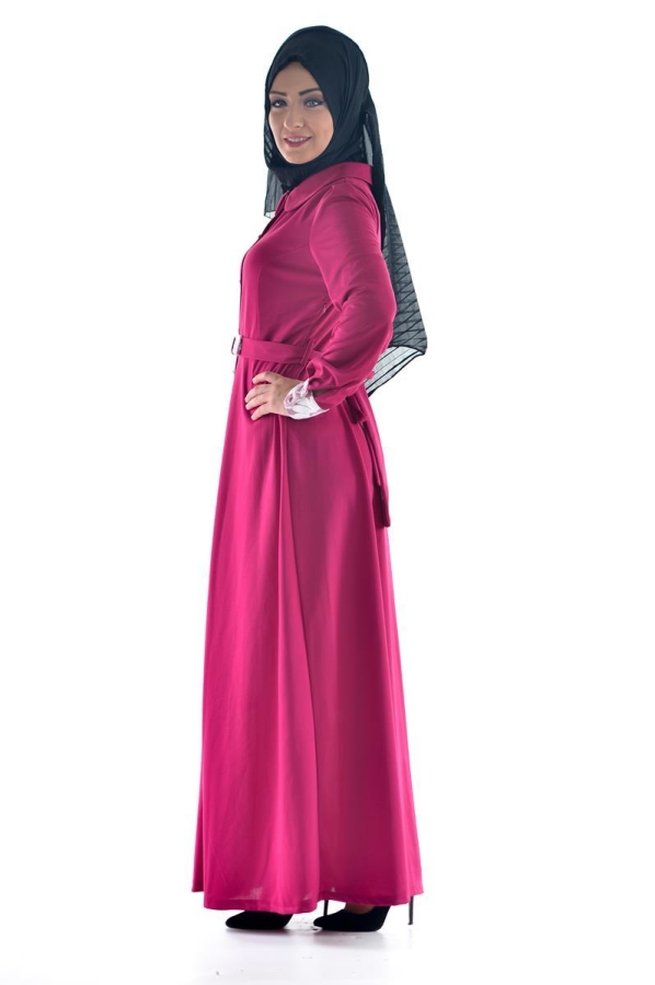 Düğme Detaylı Kemerli Elbise Fuşya-4036