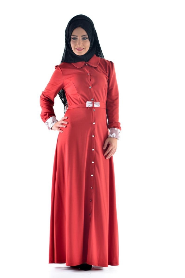 Düğme Detaylı Kemerli Elbise Kiremet-4036