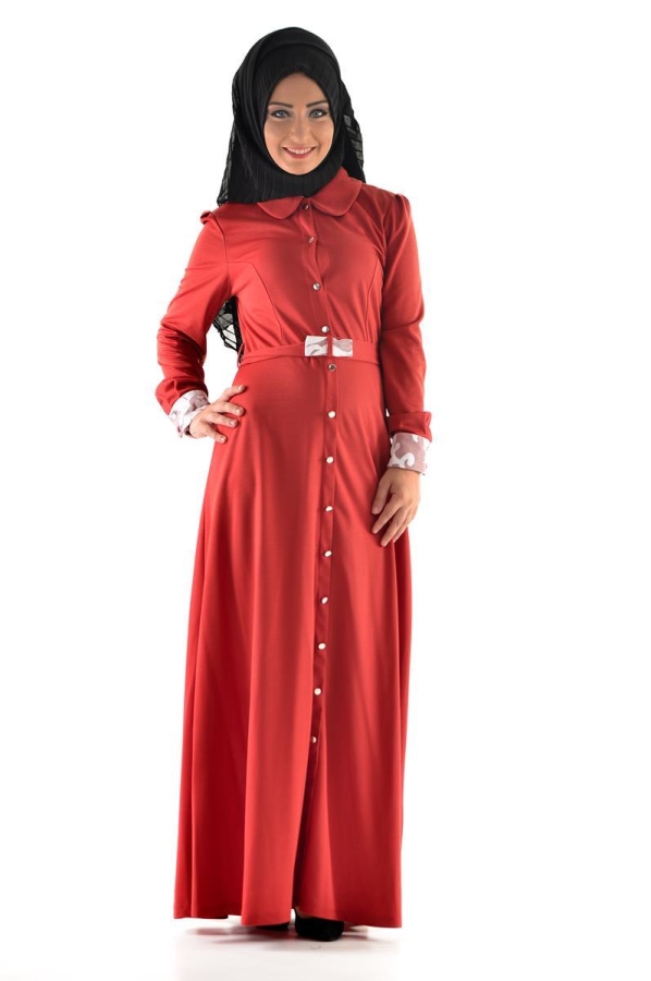 Düğme Detaylı Kemerli Elbise Kiremet-4036