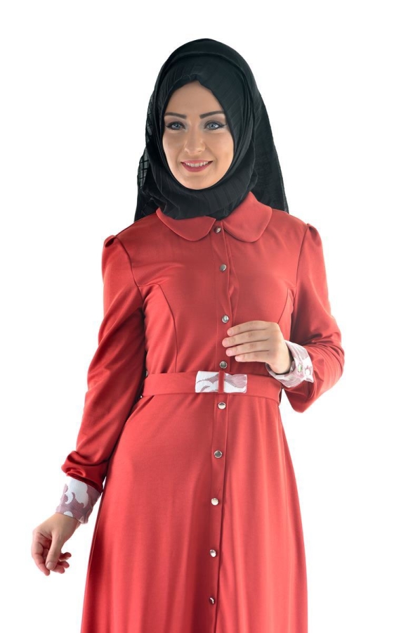 Düğme Detaylı Kemerli Elbise Kiremet-4036