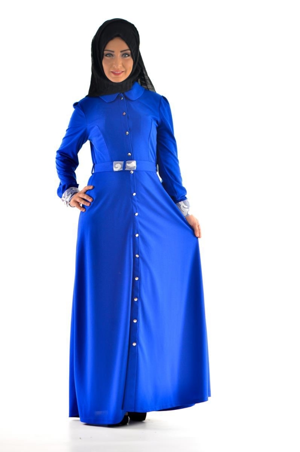 Düğme Detaylı Kemerli Elbise Saks Mavisi-4036