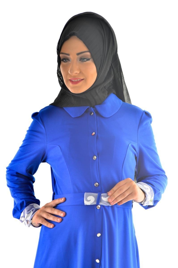 Düğme Detaylı Kemerli Elbise Saks Mavisi-4036