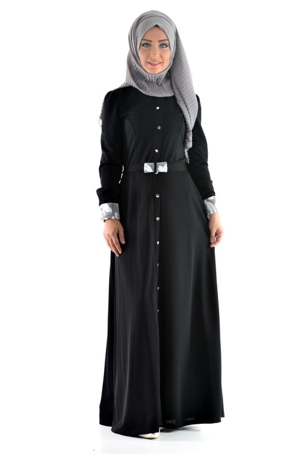 Düğme Detaylı Kemerli Elbise Siyah-4036