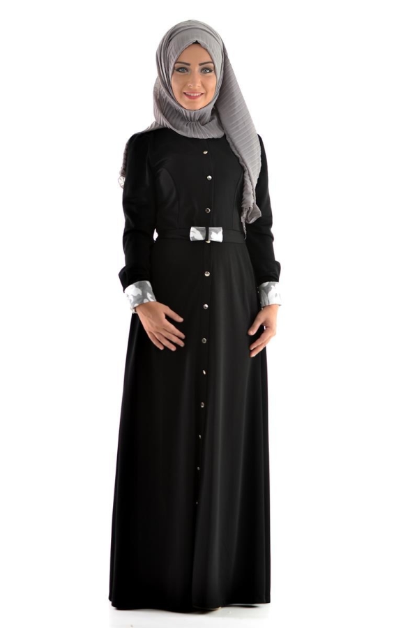 Düğme Detaylı Kemerli Elbise Siyah-4036