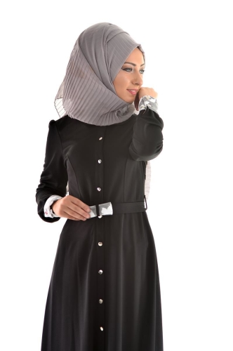Düğme Detaylı Kemerli Elbise Siyah-4036 - Thumbnail