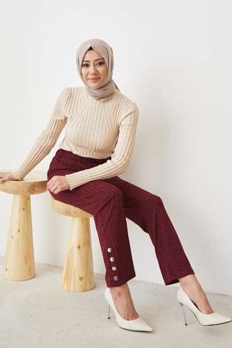 Modaebva - Düğme Detaylı Pantolon-3087 Bordo