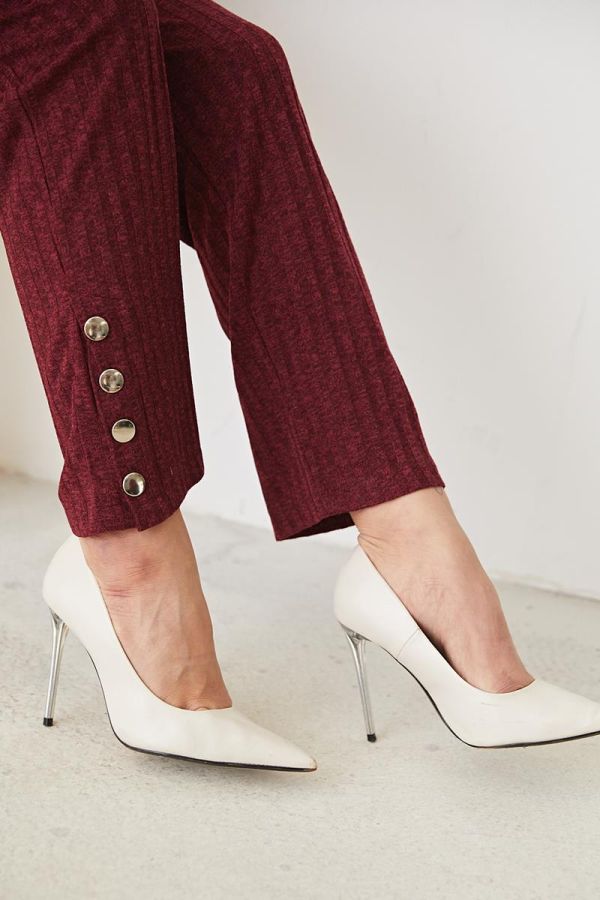 Düğme Detaylı Pantolon-3087 Bordo