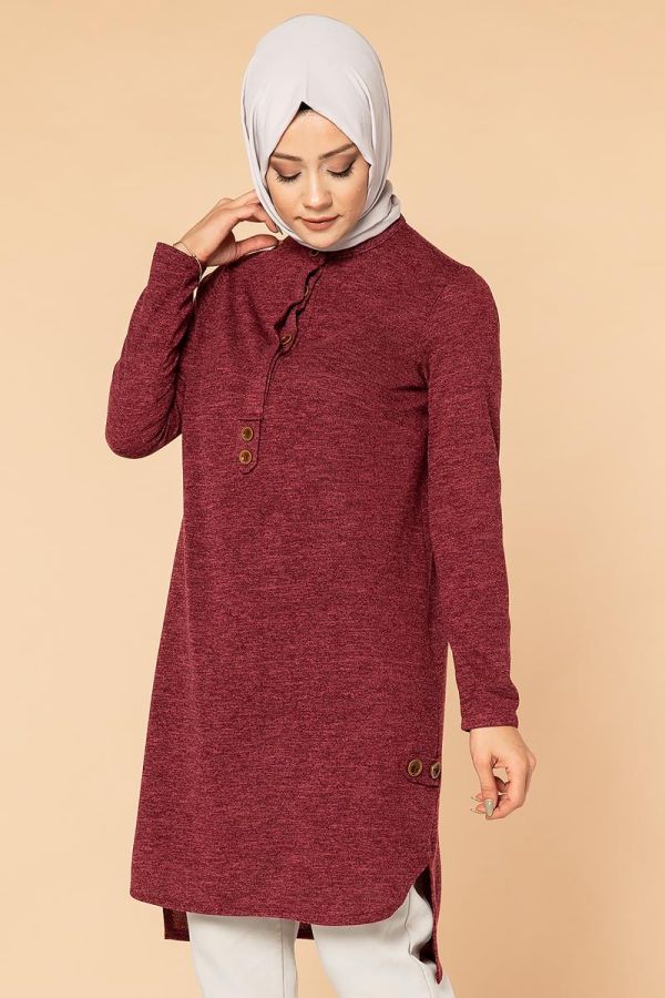 Düğme Detaylı Tesettür Tunik-3055 Bordo