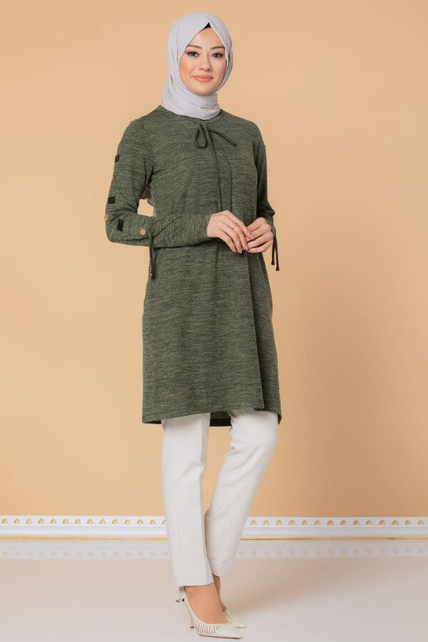 Düğme Detaylı Yumoş Tesettür Tunik-3027 Hakiyeşili