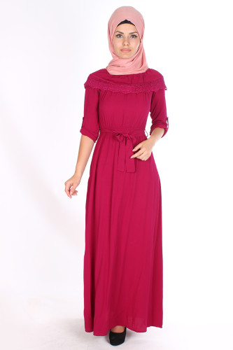 Ebru Dantel Detay Elbise-7062Fuşya - Thumbnail