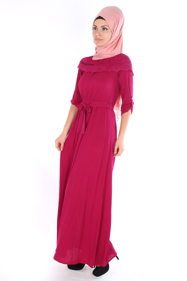 Ebru Dantel Detay Elbise-7062Fuşya
