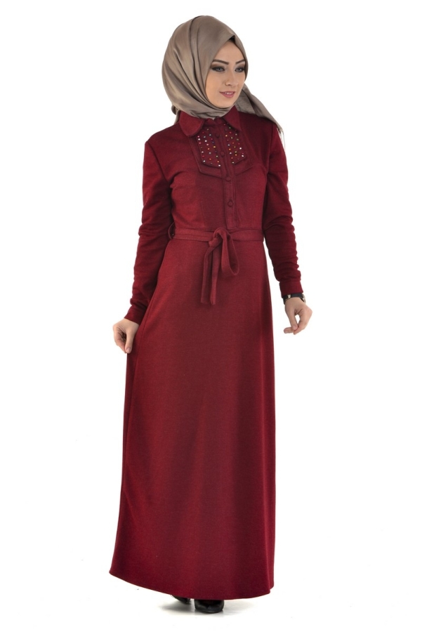 Ecrin Boncuklu Elbise Bordo-zrd22