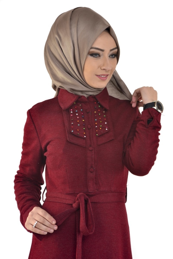 Ecrin Boncuklu Elbise Bordo-zrd22