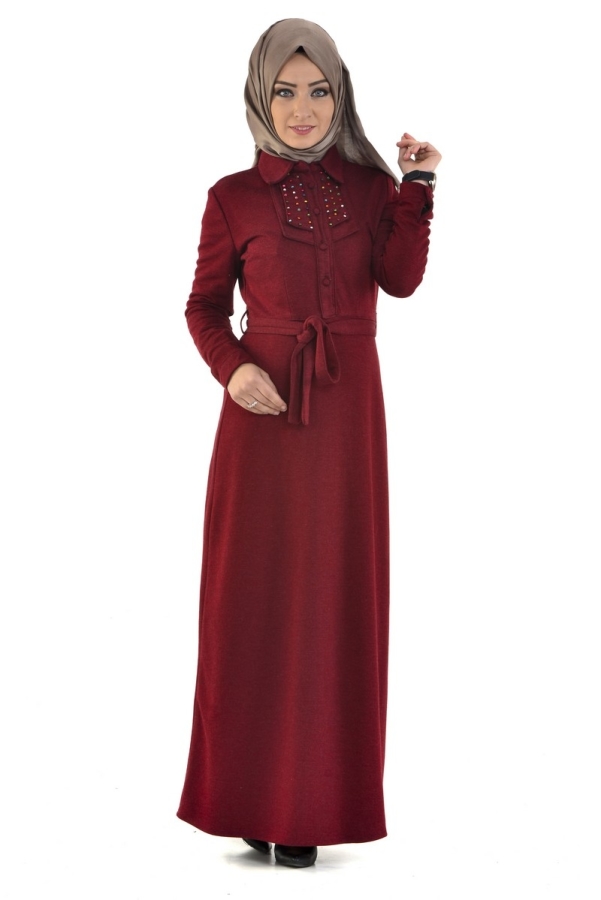 Ecrin Boncuklu Elbise Bordo-zrd22