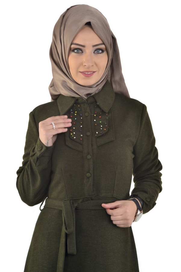 Ecrin Boncuklu Elbise Yeşil-zdr22