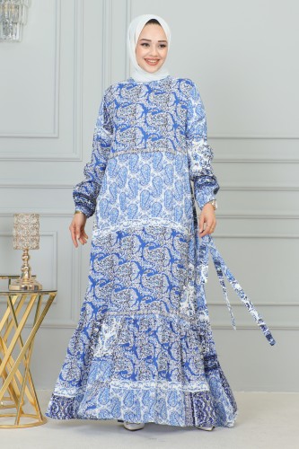 Etnik Desenli Eteği Fırfırlı Elbise-3164 Mavi - Thumbnail